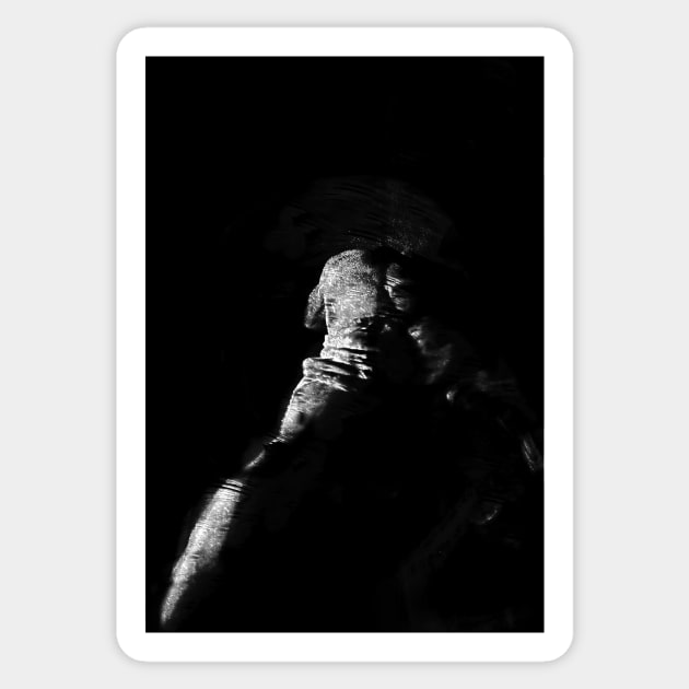 Digital collage and special processing. Bizarre. Men climbing to light from darkness. Masterpiece. Grayscale. Sticker by 234TeeUser234